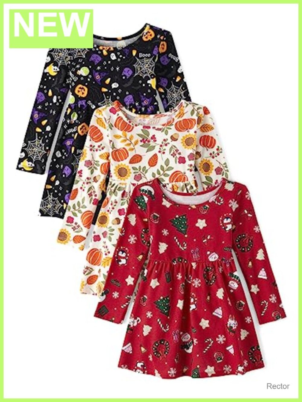 Girls Toddler 3-Pack Long Sleeve Skater Dresses Pullover Elastic Waist